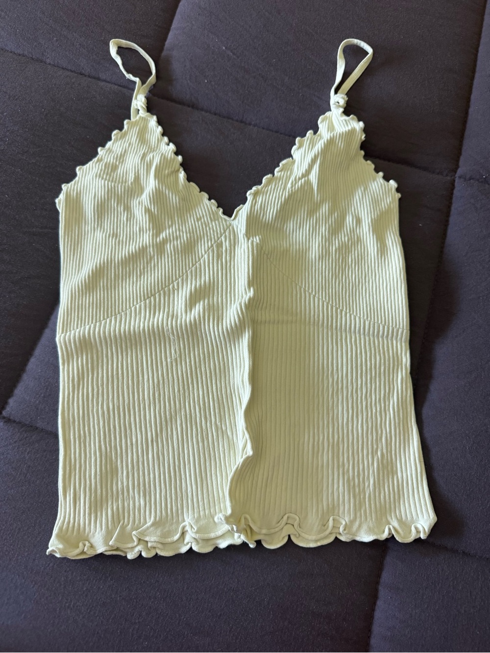 Free People Cream Ribbed V-Neck Cami with Scalloped Trim